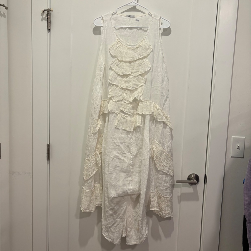 J&S Millenium White Linen Ruffle Tiered High Low Sleeveless Dress Italy M